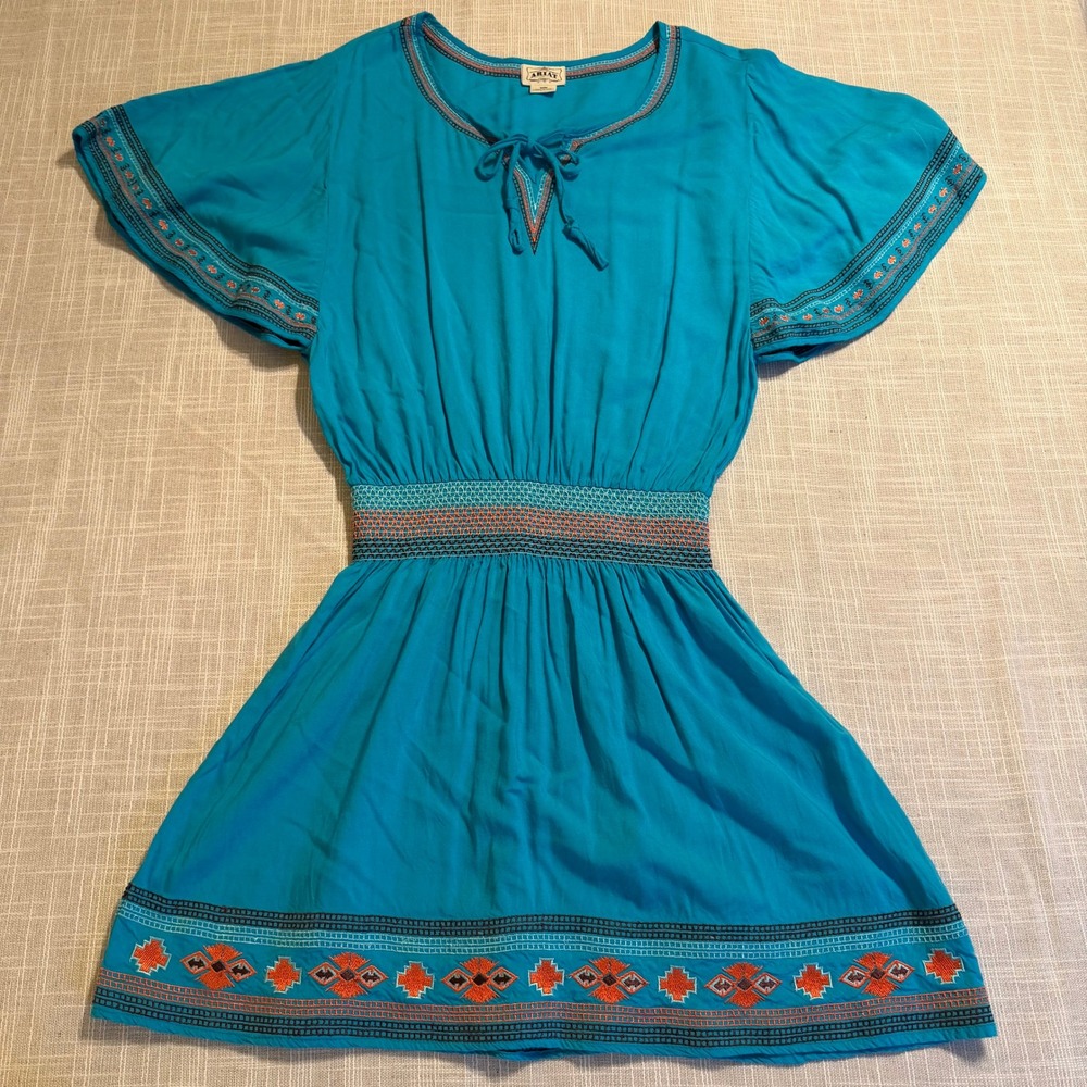 Ariat Womens Turquoise Blue Embroidered Western Boho Smocked Mini Dress Medium